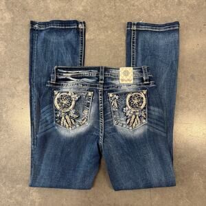 Vintage Y2k Feather Mcbling Miss Me Rhinestone Wide Leg Flare Denim Jeans 29